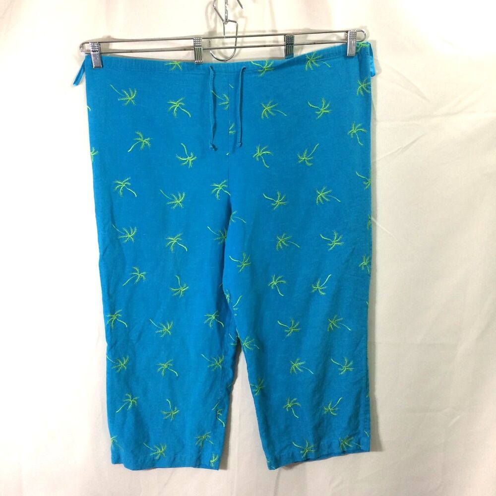 Y2K Vintage Dressbarn Silk Linen Pants Palm Tree Print Blue XL Drawstring